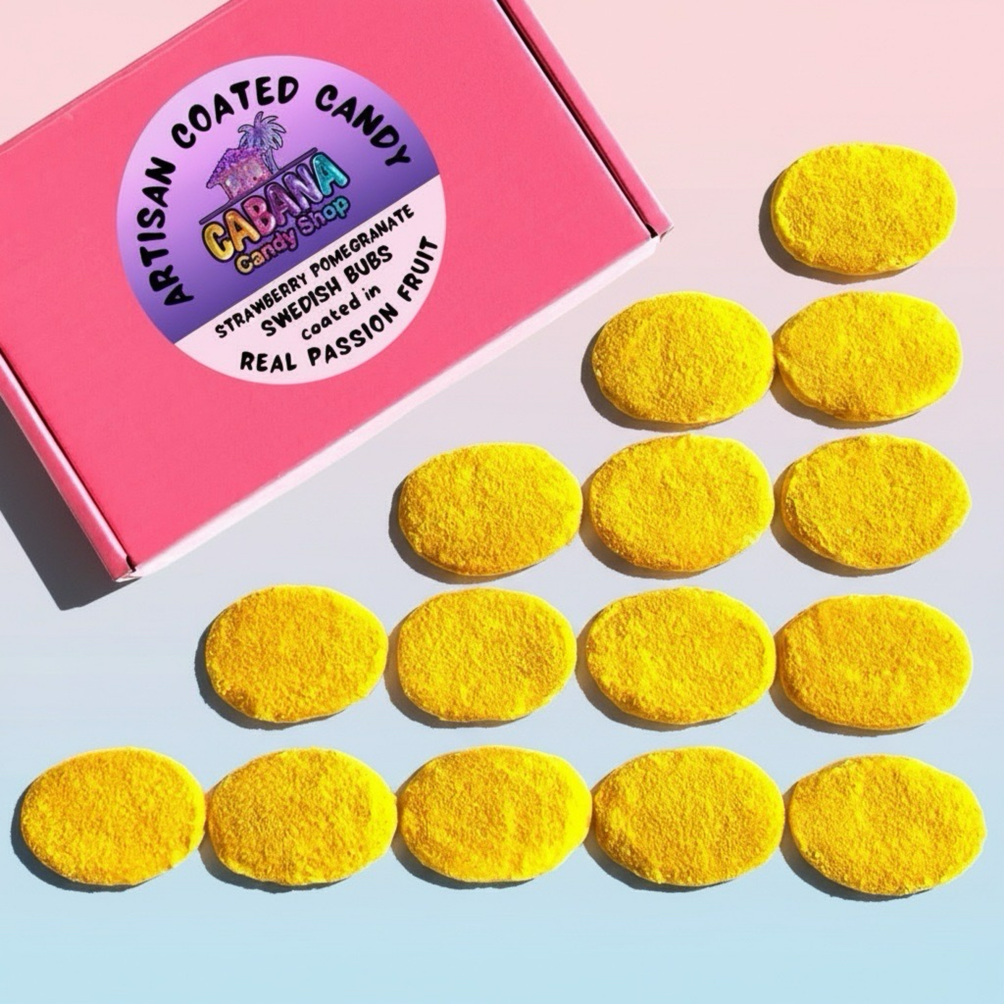 Coated Swedish Candy - Strawberry BUBS in Passion Fruit