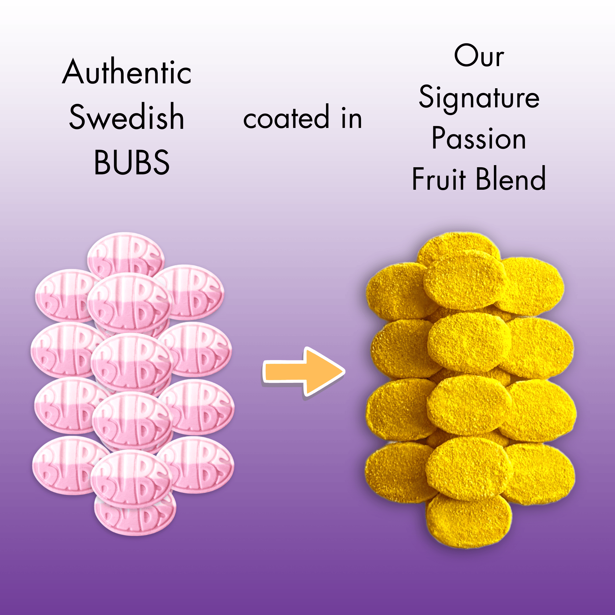 Coated Swedish Candy - Strawberry BUBS in Passion Fruit